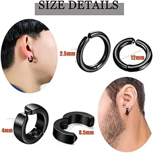 Size details of 15-piece black stainless steel hoop earrings and clip-on set