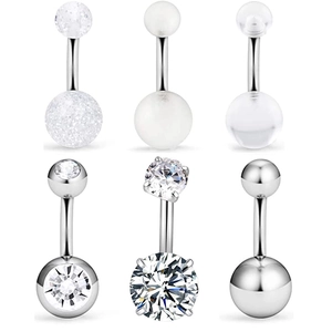 Set de seis piercings de ombligo en plata pulida con circón y bolas de shambhala