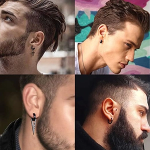 15-piece black stainless steel earring set featuring cross and geometric clip-on designs