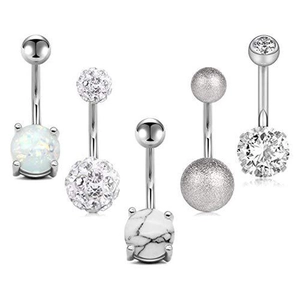 Set de 5 piercings para ombligo plateados con circonita, ópalo y bola shamballa