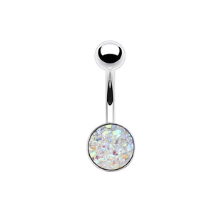 Piercing de ombligo de acero con barra curva plateada e incrustación de cristal aurora