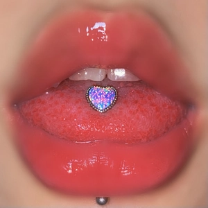 14G silver surgical steel tongue bar with purple heart opal and micro-beaded edge
