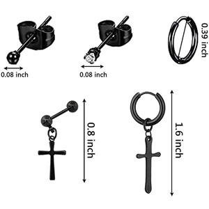Detailed size chart for black stainless steel stud earrings and cross dangle hoops