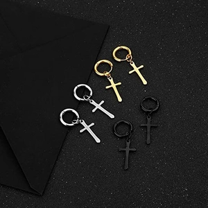 Three pairs of cross pendant hoop earrings in gold silver and black stainless steel