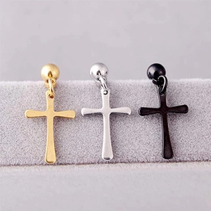 Set of stainless steel cross drop earrings in gold, silver, and black finish