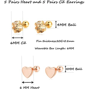 Détail de boucles d'oreilles cœur et zircon 6mm avec fermoir à boule vissée de 4mm