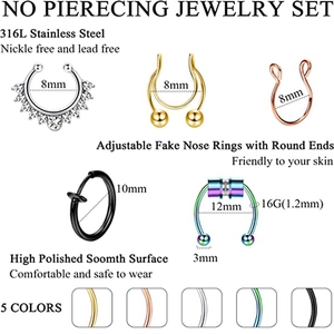 Detail showing various 316L stainless steel faux nose rings in five metallic colors