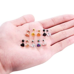 Set de 10 boucles d'oreilles cœur et zircon rond en diverses finitions métalliques