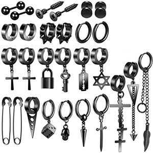 Black Stainless Steel Punk Earrings Set For Men Women Gothic Cross Skull Blade Dice Lock Pin Stud Drop Hoop Earrings Jewelry