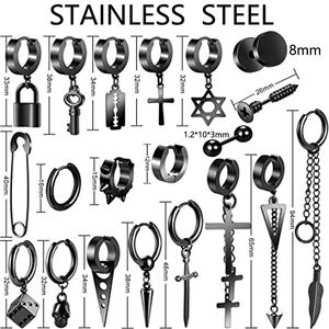 28-piece set of black stainless steel earrings with skull, blade, and cross pendants