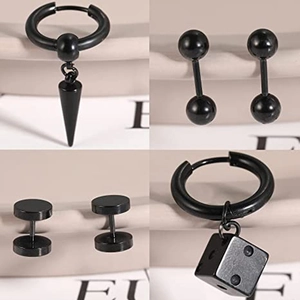 Detail of black metal earrings set featuring cone, sphere, disk, and dice shaped pendants