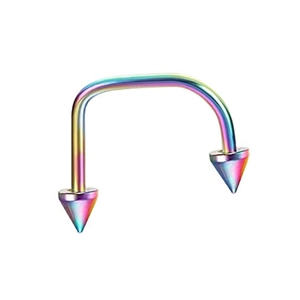 Macro shot of rainbow-plated U-shaped steel piercing with cone-shaped screw heads