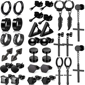 Collection de Boucles d'Oreilles Clous et Créoles en Acier Inoxydable Noir Homme Femme Punk Croix Triangle Zircone Bijoux Gothiques