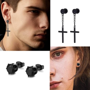 Lot de 17 paires de boucles d'oreilles punk noires avec croix et pierres zircons