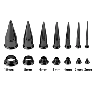 Detailweergave van de zwarte roestvrijstalen oorspanner en tunnels set van 2mm tot 10mm