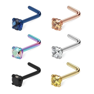 6-piece set of L-shaped stainless steel nose studs with zircon in multi-color finishes