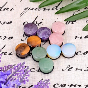 Polished round gemstone ear plugs with black rubber rings in assorted natural stones