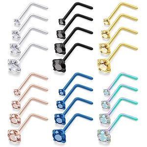 316L Stainless Steel L Shaped Nose Studs With Round Cubic Zirconia Inlaid Unisex Piercing Jewelry Multi Colors Daily Wear