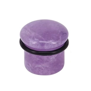 Detail view of purple marble ear plug gauge with a secure black rubber O-ring