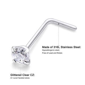 L-shaped 316L stainless steel nose stud with a brilliant round clear zircon stone