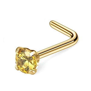 Macro detail of a 20G gold-plated stainless steel L-shaped nose stud with yellow zircon