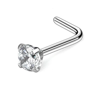 L-shaped nose stud featuring a four-prong set sparkling zircon in polished stainless steel