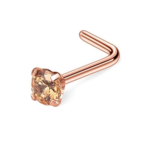 L-shaped nose stud in rose gold stainless steel with champagne zircon stone