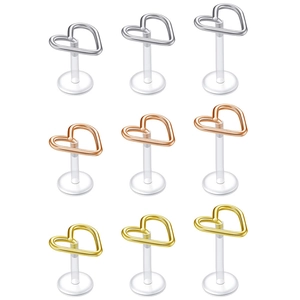 Set di piercing labret a cuore in oro, argento e rosa con aste in bioflex trasparente