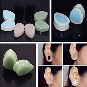 Teardrop ear plugs set featuring opal, black agate, aventurine, and rose quartz stones