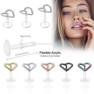 Piercing labbro a cuore 16G con barra in acrilico flessibile e punte in metallo colorato