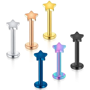 Set of six stainless steel star labret studs in diverse metallic finishes with flat backs