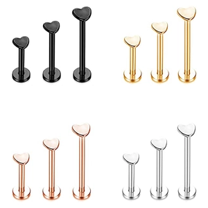 Polished stainless steel heart labret studs in black, gold, rose gold and silver colors
