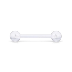 Vue macro d'un piercing de langue en acrylique transparent avec doubles boules vissées