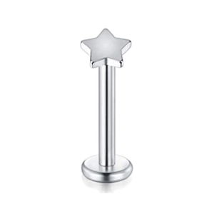 Macro detail of silver stainless steel labret stud with a polished star top design