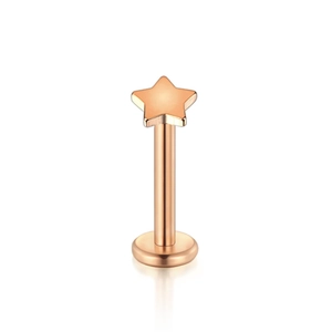 Macro shot of rose gold star labret piercing jewelry with flat back and polished finish