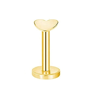 Macro detail of a polished golden heart-shaped labret stud with a flat back base