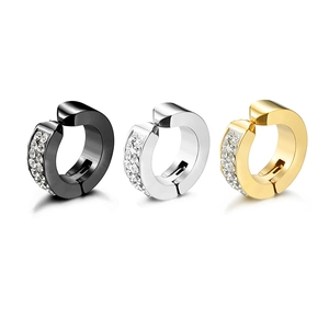 Three-piece set of stainless steel cuff earrings with crystal pavé in gold, black, and silver
