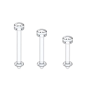 Three transparent acrylic lip labret studs in different lengths for body piercing