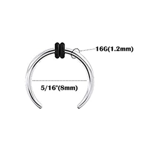 16G 8mm stainless steel septum nose ring with black rubber O-rings in a minimalist design