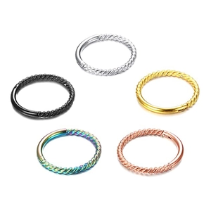 Detailed set of five twisted stainless steel nose rings in silver, gold, and multicolor finishes