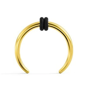 Polished gold horseshoe septum ring featuring black O-ring accents and smooth finish