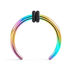 Rainbow magnetic horseshoe nose ring in stainless steel with black magnetic studs