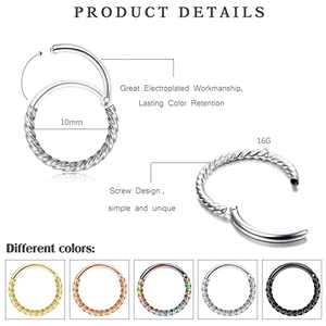 16G 10mm twisted stainless steel hinged segment ring for nose and ear piercing hoops