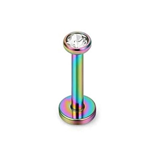 Macro detail of rainbow stainless steel flat back stud with clear round zircon stone