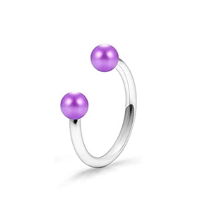 Polished silver stainless steel circular barbell ring with dual purple pearl beads