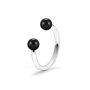 Detailed close-up of a silver stainless steel circular barbell ring with black screw-on balls