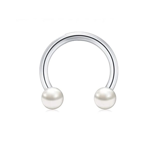 Minimalist horseshoe circular barbell with white pearls made of polished stainless steel
