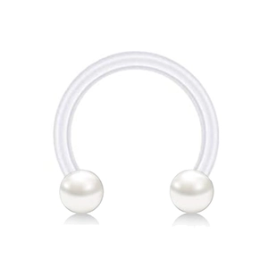 Close-up of flexible horseshoe piercing with glossy white pearl beads on 16G clear bar
