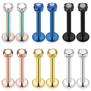 Perni Labret in Acciaio Inossidabile 316L Con Zirconia Cubica Quattro Griffe Dorso Piatto Piercing Orecchio per Uomo Donna