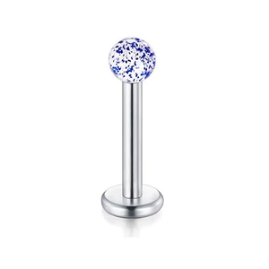 Piercing labret από ανοξείδωτο ατσάλι με μπλε μπάλα γκλίτερ σε λευκό φόντο με σκιά